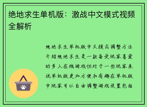 绝地求生单机版：激战中文模式视频全解析